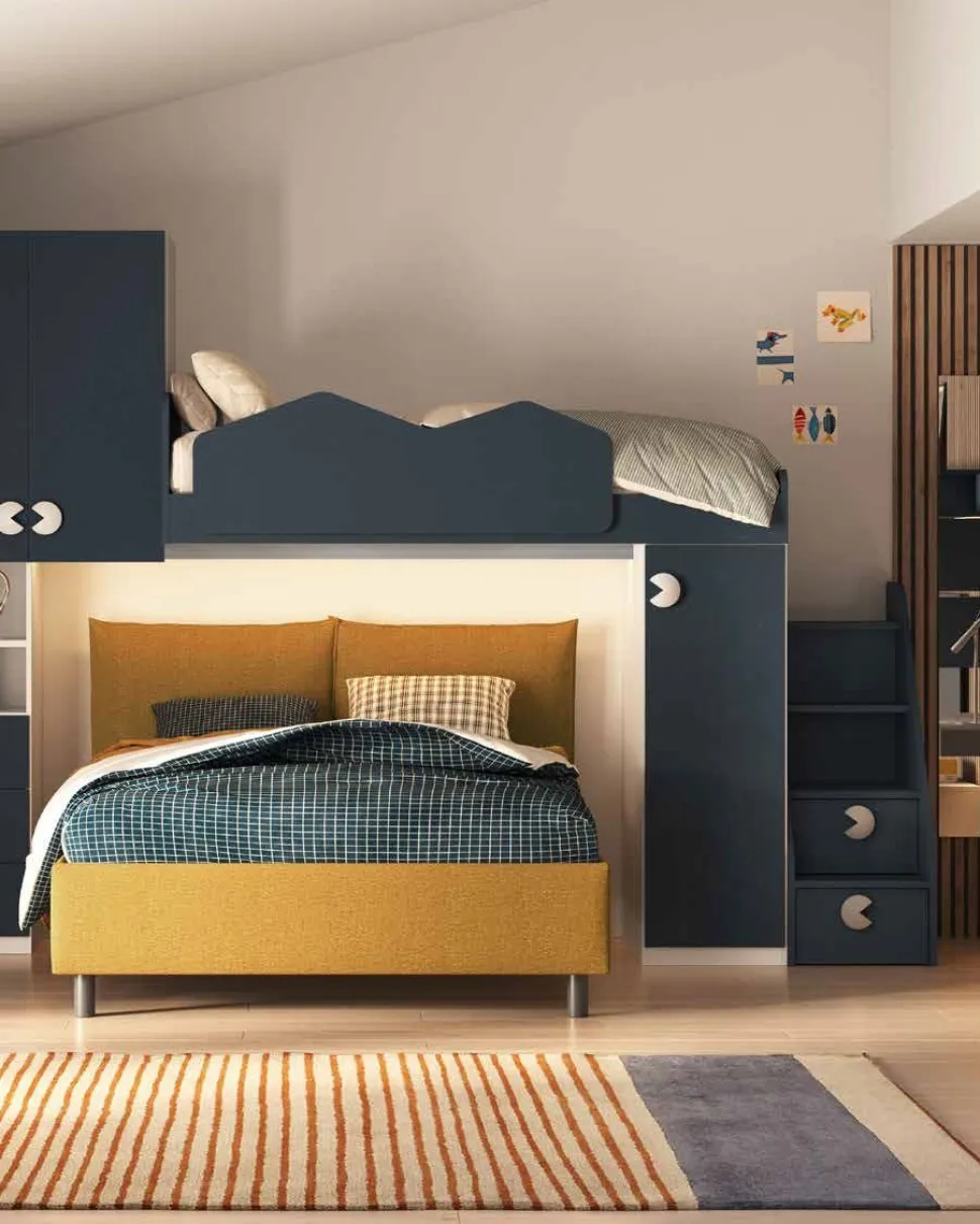 Cameretta angolare salvaspazio con letto a soppalco Bianco Opaco e Blu Navy