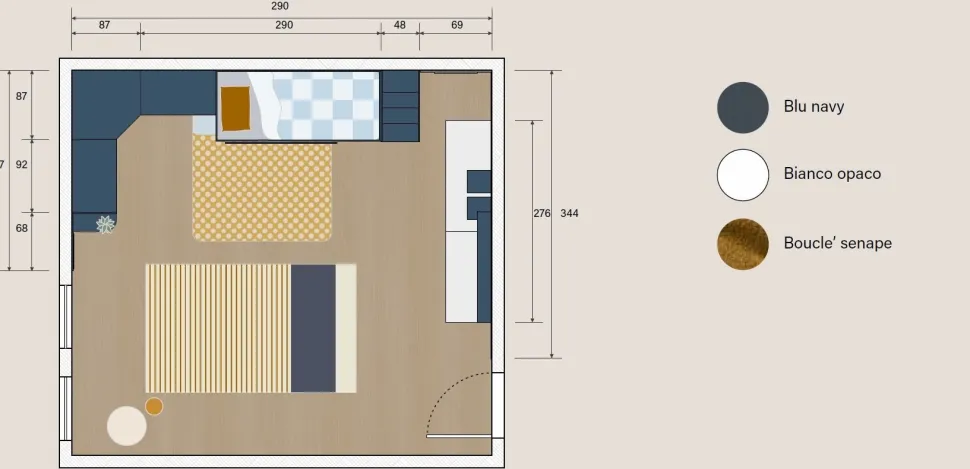 Cameretta angolare salvaspazio con letto a soppalco Bianco Opaco e Blu Navy