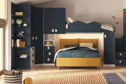 Cameretta angolare salvaspazio con letto a soppalco Bianco Opaco e Blu Navy