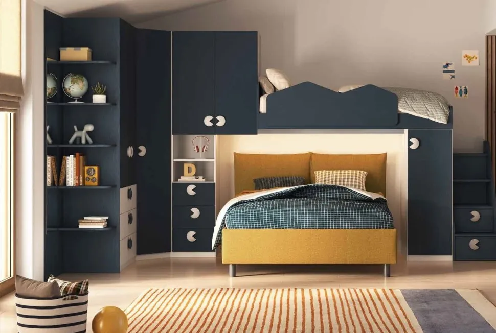 Cameretta angolare salvaspazio con letto a soppalco Bianco Opaco e Blu Navy