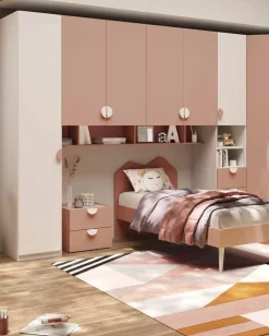 Cameretta a ponte angolare moderna con ante battenti Bianco opaco e Rosa