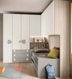 Cameretta a ponte angolare salvaspazio con letto contenitore in Bianco opaco e Grigio seta disponibile in 2 misure e vari colori