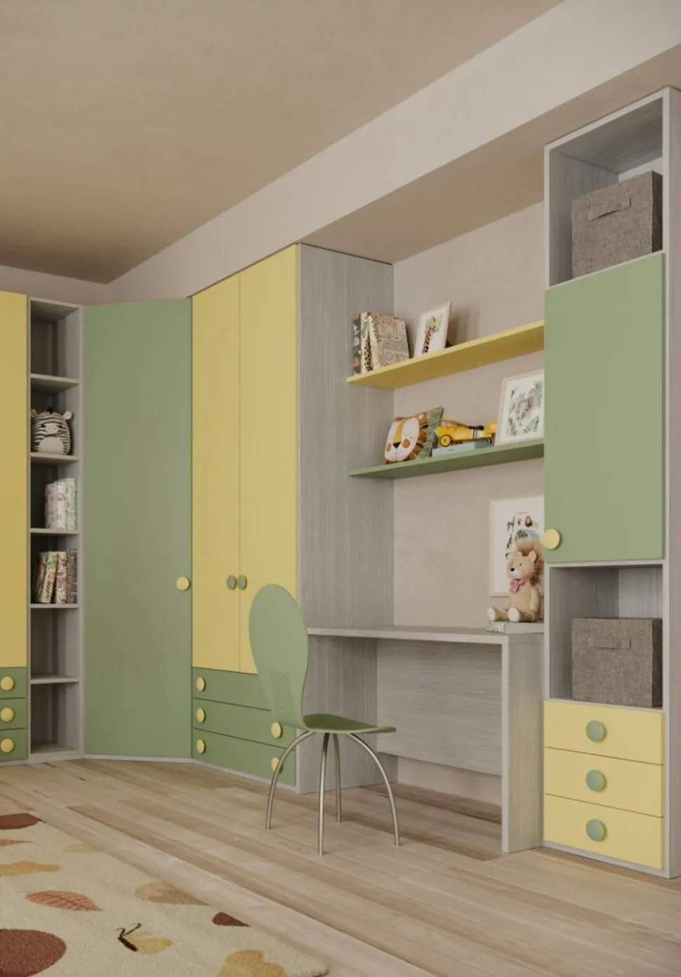 Cameretta a ponte Petra linea Fly in finitura Cenere Wood, Giallo e Salvia