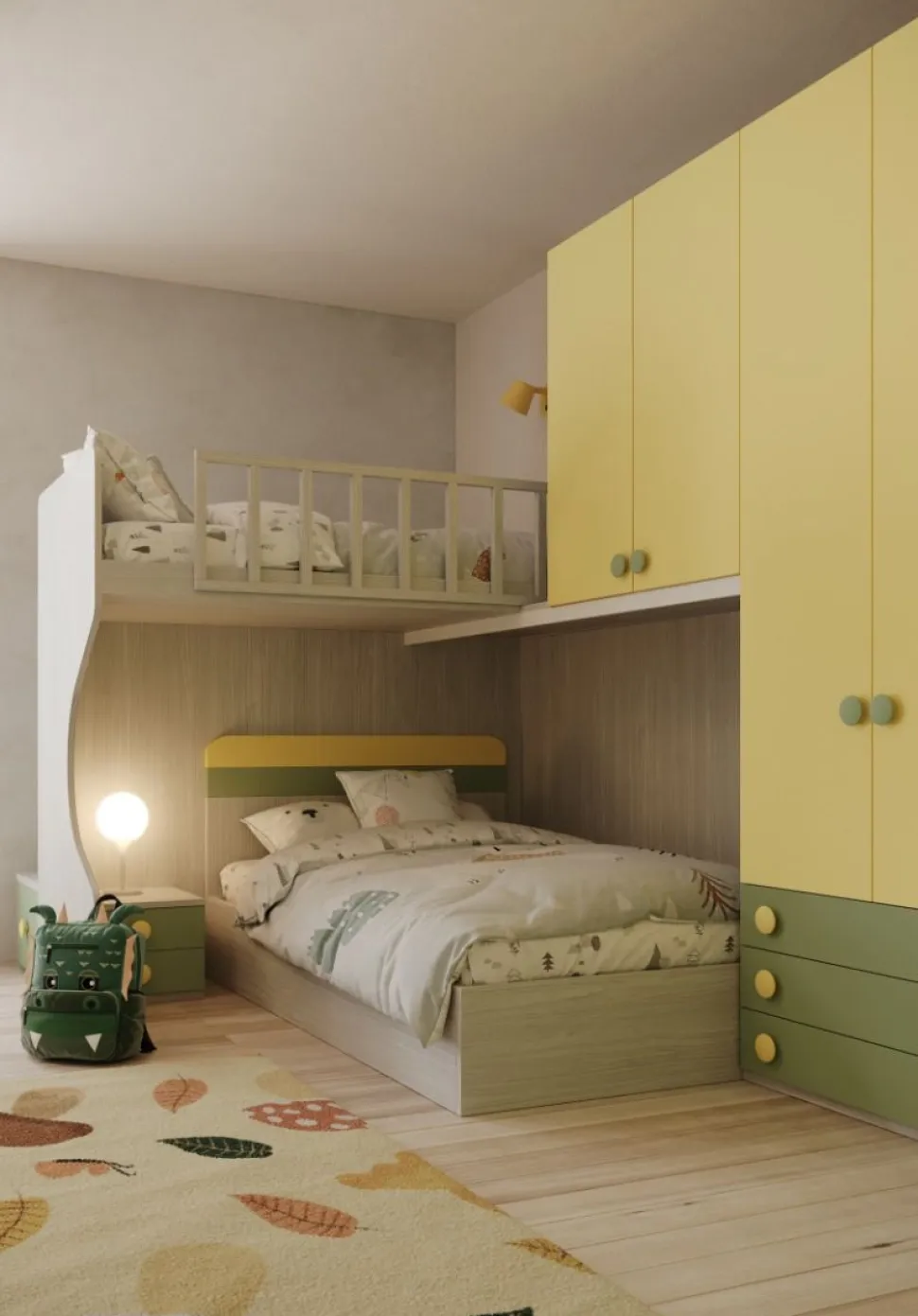 Cameretta a ponte Petra linea Fly in finitura Cenere Wood, Giallo e Salvia