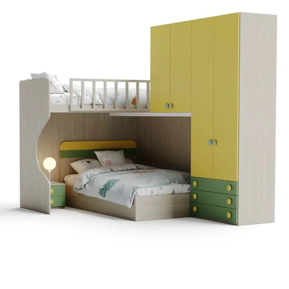 Cameretta a ponte Petra linea Fly in finitura Cenere Wood, Giallo e Salvia