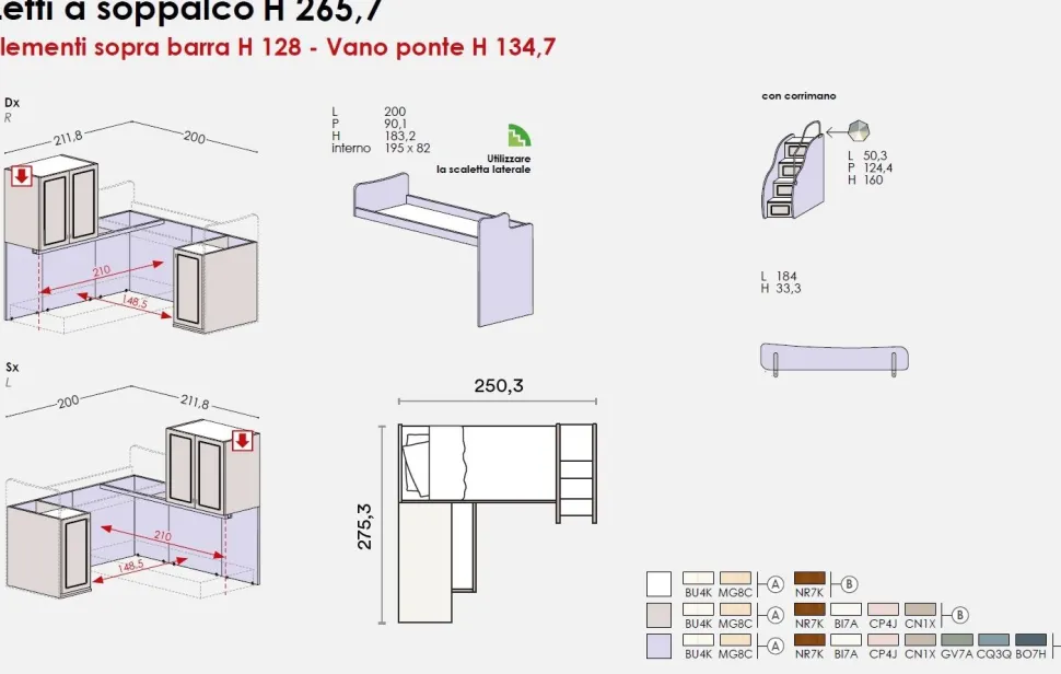 Cameretta a soppalco angolare Lisa linea Omega disponibile in vari colori
