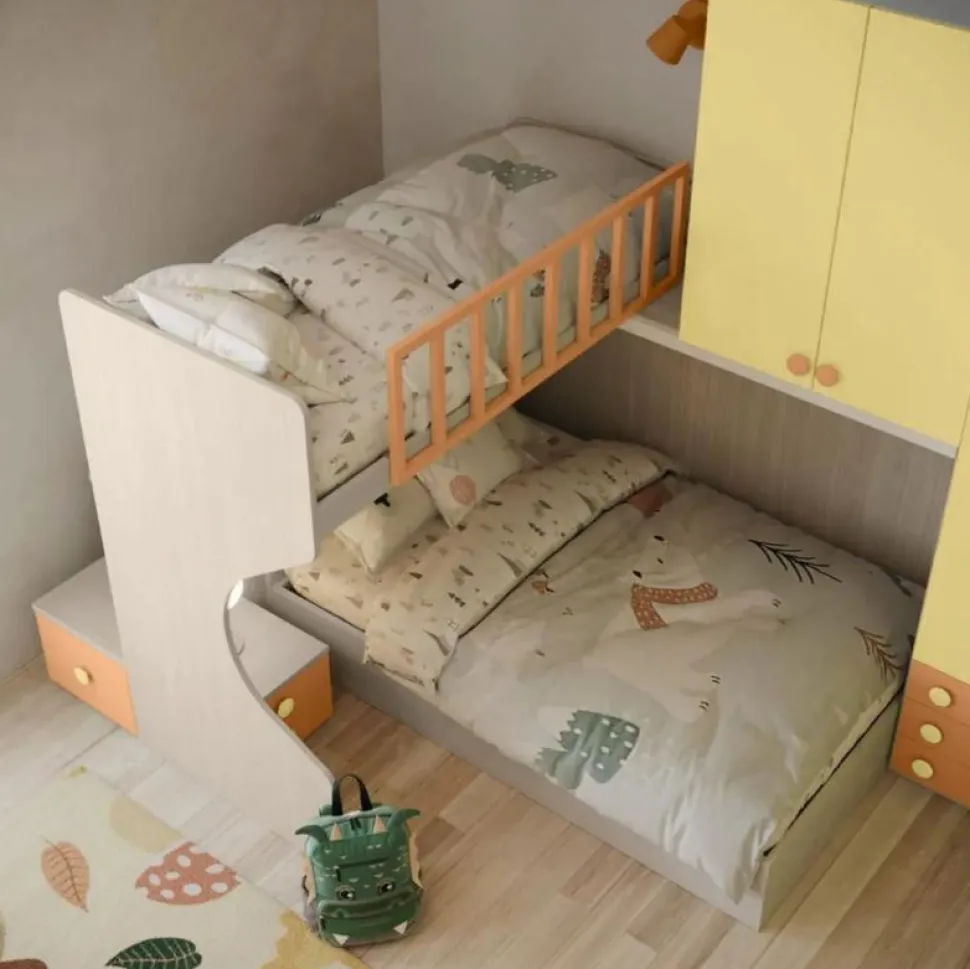 Cameretta a soppalco angolare Cristian linea Fly finitura Cenere Wood, Giallo e Albicocca