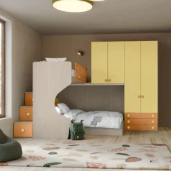 Cameretta a soppalco angolare Cristian linea Fly finitura Cenere Wood, Giallo e Albicocca