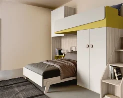 Cameretta a soppalco con Letto una piazza e mezza e armadio integrato Bianco e Olmo disponibile in 2 misure