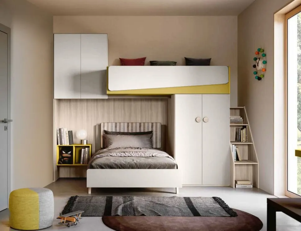 Cameretta a soppalco con Letto una piazza e mezza e armadio integrato Bianco e Olmo disponibile in 2 misure