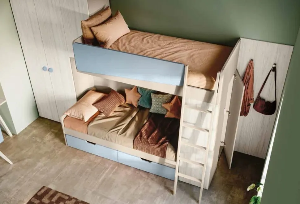 Cameretta a soppalco con letto a castello Bianco altea, Orzo e Rosa confetto disponibile in 2 misure