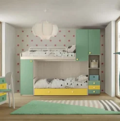 Cameretta a soppalco Enea linea Fly finitura Cenere Wood, Salvia e Giallo