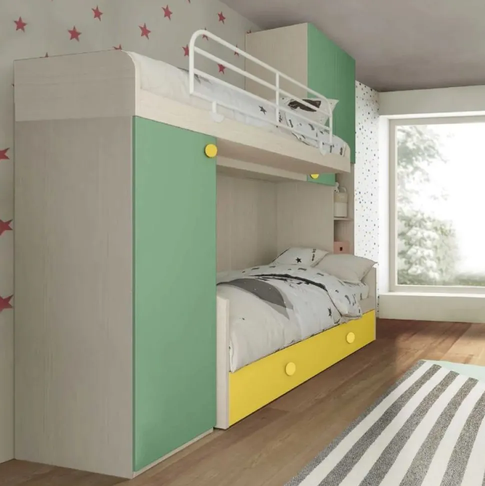 Cameretta a soppalco Enea linea Fly finitura Cenere Wood, Salvia e Giallo