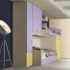 Cameretta a soppalco Paride linea Fly finitura Cenere Wood, Giallo e Malva