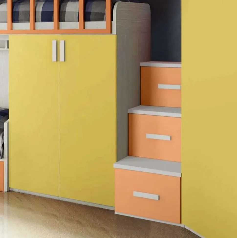 Cameretta a soppalco Paride linea Fly finitura Nuvola Frassino, Giallo e Albicocca