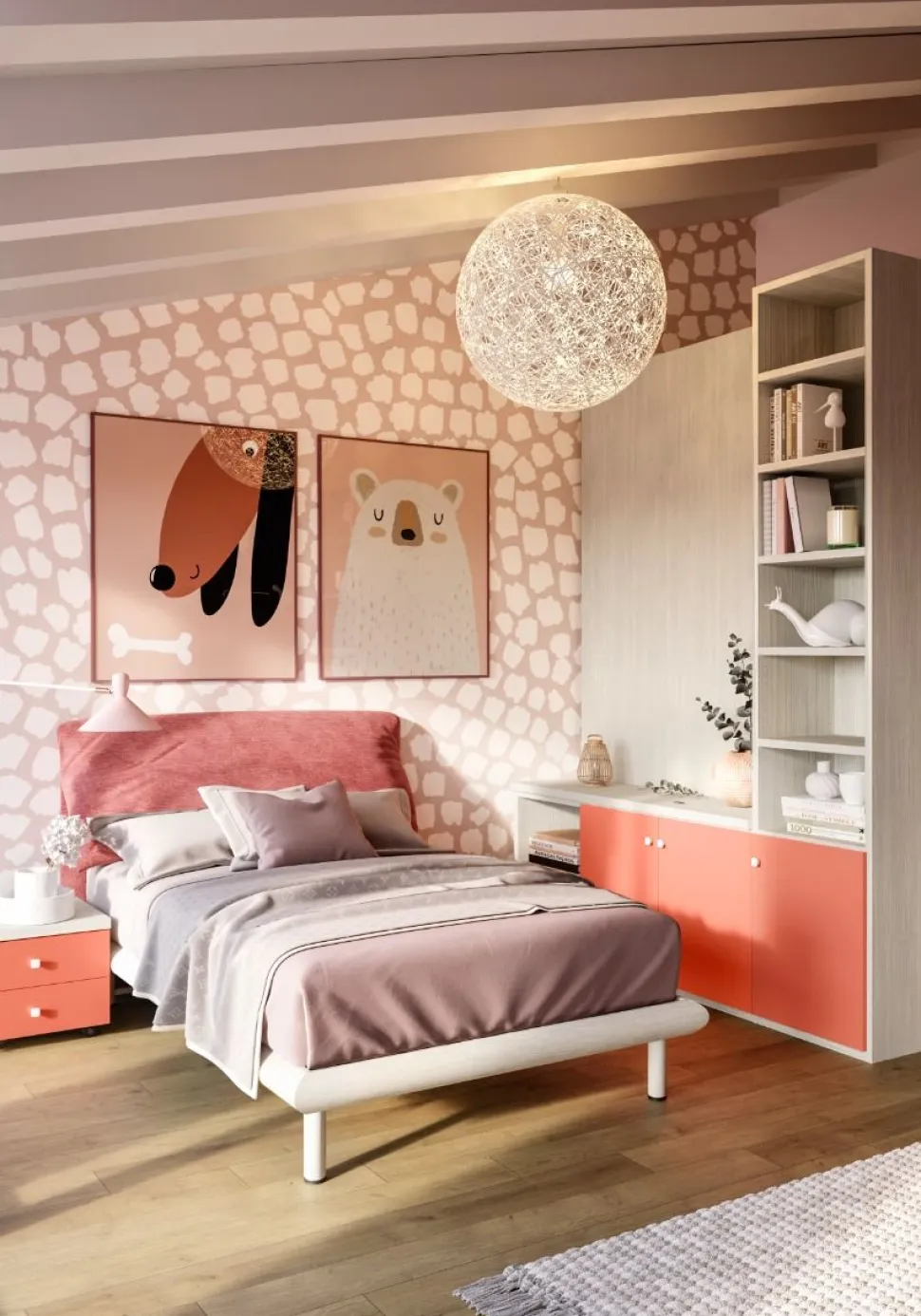 Cameretta completa Amy linea Colorfull finitura Cenere Wood, Coral e Princess