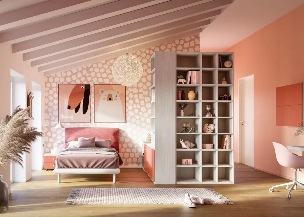Cameretta completa Amy linea Colorfull finitura Cenere Wood, Coral e Princess