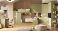 Cameretta completa angolare con Letto a Castello e Armadio con Vano TV Integrato Bianco opaco e Verde Pistacchio