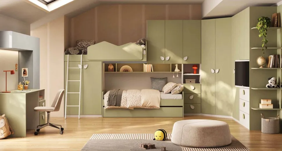 Cameretta completa angolare con Letto a Castello e Armadio con Vano TV Integrato Bianco opaco e Verde Pistacchio