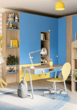 Cameretta completa a soppalco Memo linea Colorfull finitura Rovere Nodato , Giallo e Avio