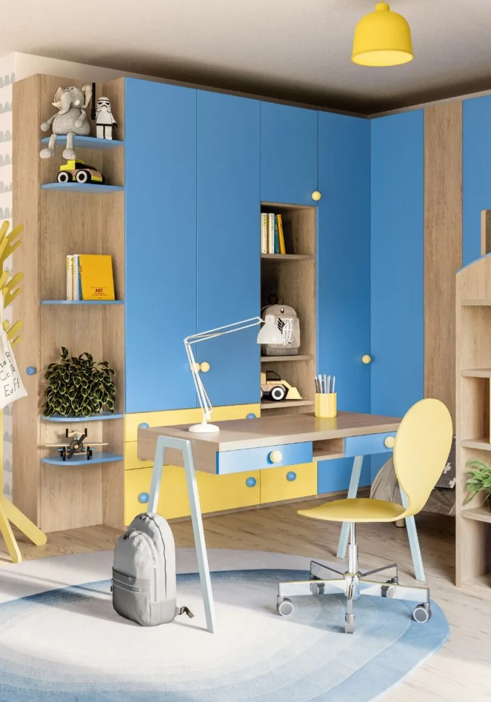 Cameretta completa a soppalco Memo linea Colorfull finitura Rovere Nodato , Giallo e Avio