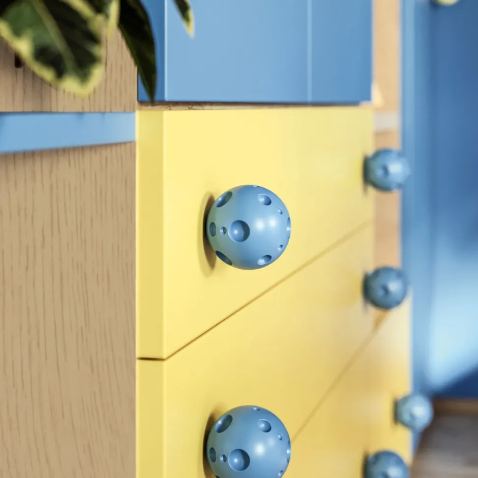 Cameretta completa a soppalco Memo linea Colorfull finitura Rovere Nodato , Giallo e Avio