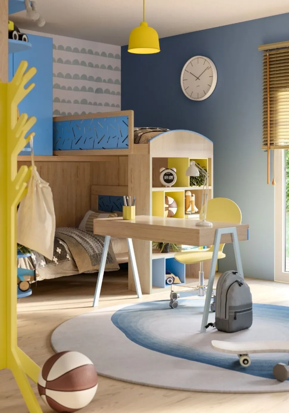 Cameretta completa a soppalco Memo linea Colorfull finitura Rovere Nodato , Giallo e Avio