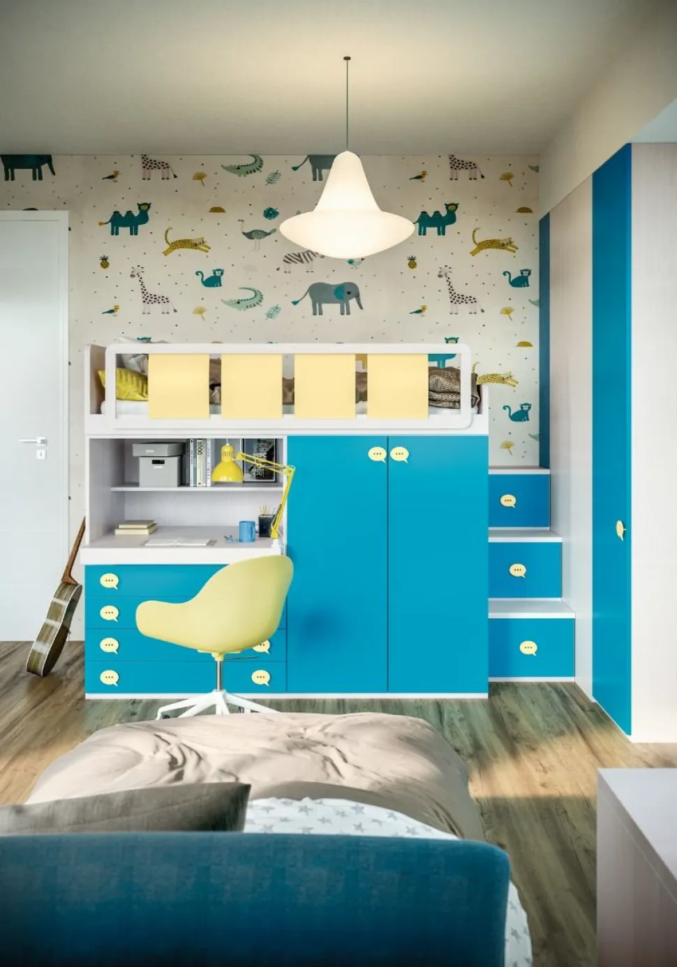 Cameretta completa Celio linea Colorfull finitura Nuvola Frassino, Ciano e Zafferano