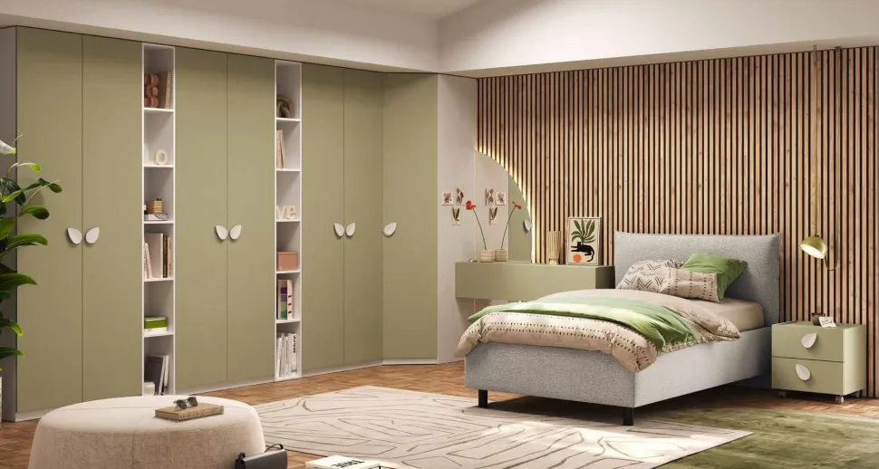 Cameretta completa con armadiatura Battente,Librerie e Cabina Angolare finitura Verde pistacchio