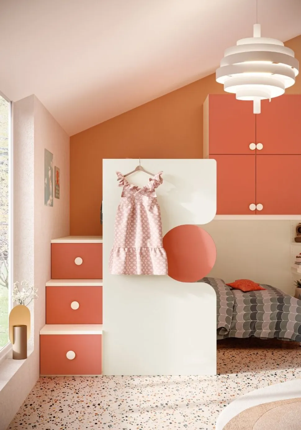 Cameretta completa doppia Ary linea Colorfull finitura Bianco e Coral
