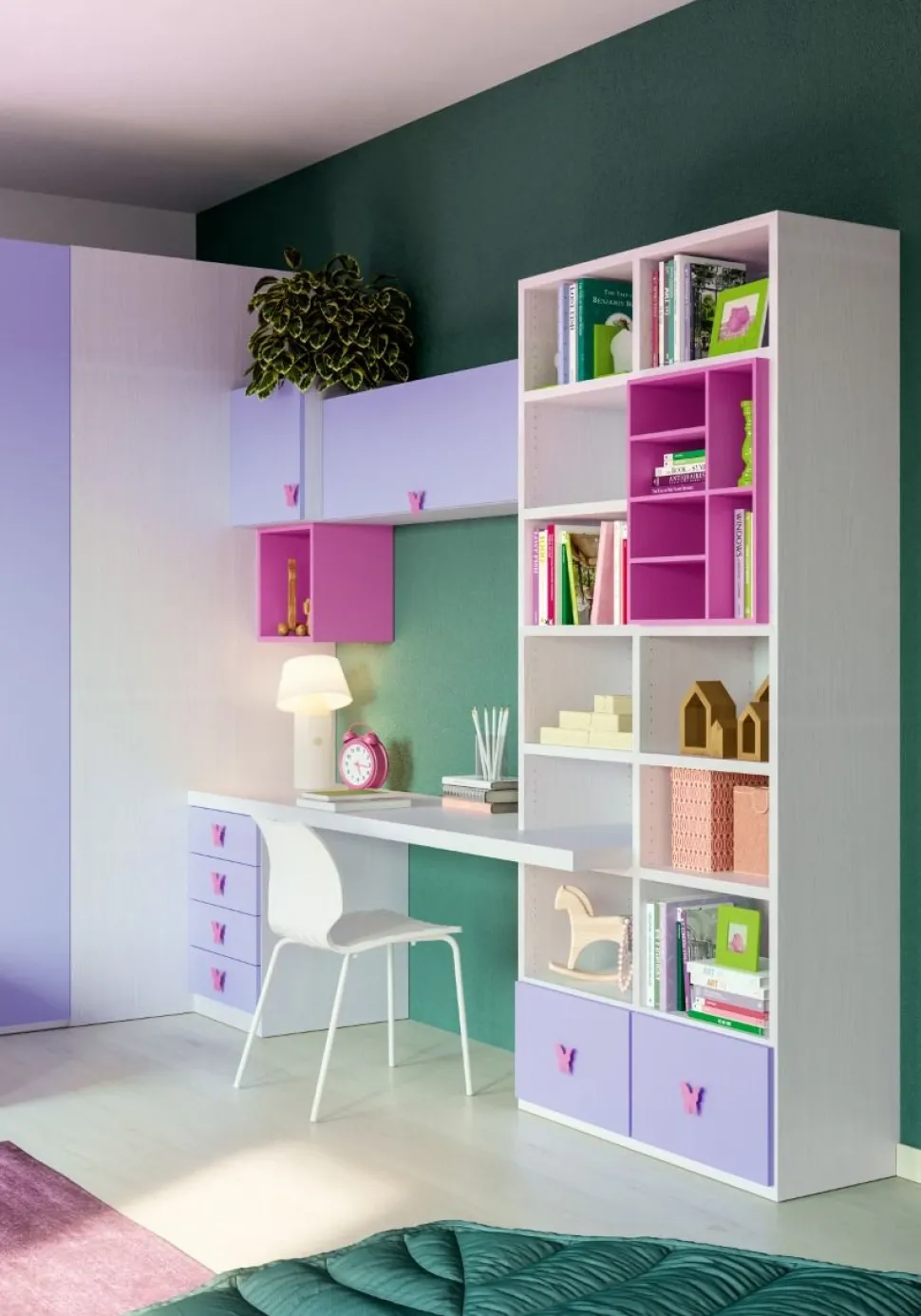 Cameretta completa doppia Capy linea Colorfull finitura Nuvola Frassino, Ciclamino e Malva