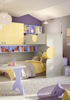 Cameretta completa doppia Hopy linea Colorfull finitura Cenere Wood , Malva e Zafferano