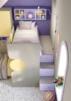 Cameretta completa doppia Hopy linea Colorfull finitura Cenere Wood , Malva e Zafferano