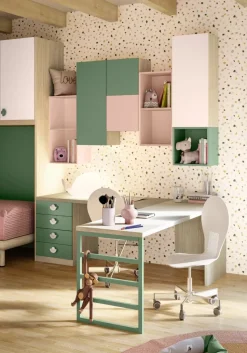 Cameretta completa doppia Renton linea Colorfull finitura Cenere Wood, Salvia ,Princess e Rosantico