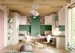 Cameretta completa doppia Renton linea Colorfull finitura Cenere Wood, Salvia ,Princess e Rosantico
