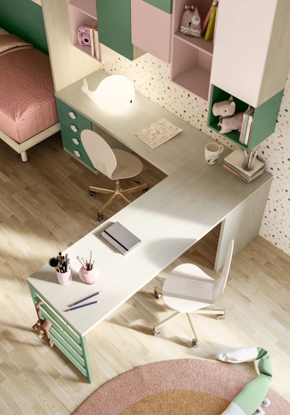 Cameretta completa doppia Renton linea Colorfull finitura Cenere Wood, Salvia ,Princess e Rosantico