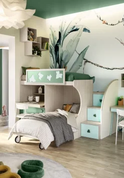 Cameretta completa Dudi linea Colorfull finitura Cenere Wood, Bianco, Salvia e Lattementa