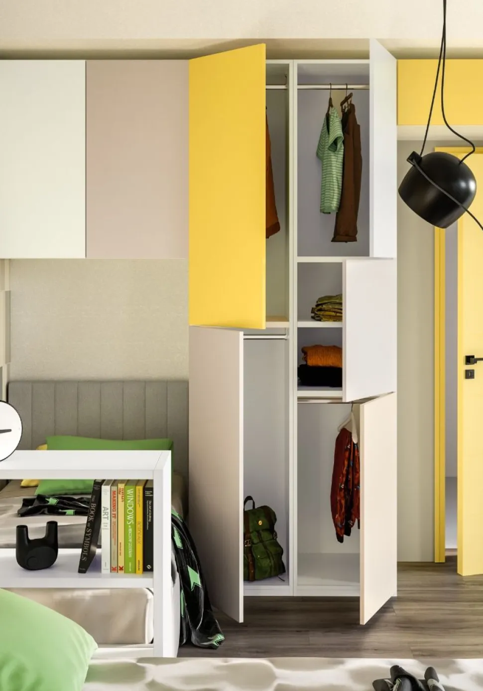 Cameretta completa Gabri linea Colorfull finitura Bianco, Tele, Visone e Giallo