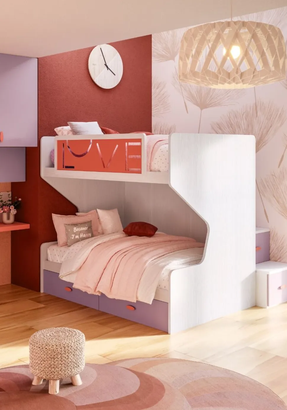 Cameretta completa Piku linea Colorfull finitura Nuvola Frassino, Coral e Quarzo