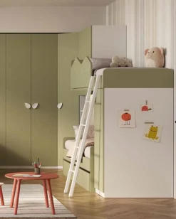 Cameretta completa 4 posti letto con Soppalco e Armadio a Ponte Bianco Opaco e Verde