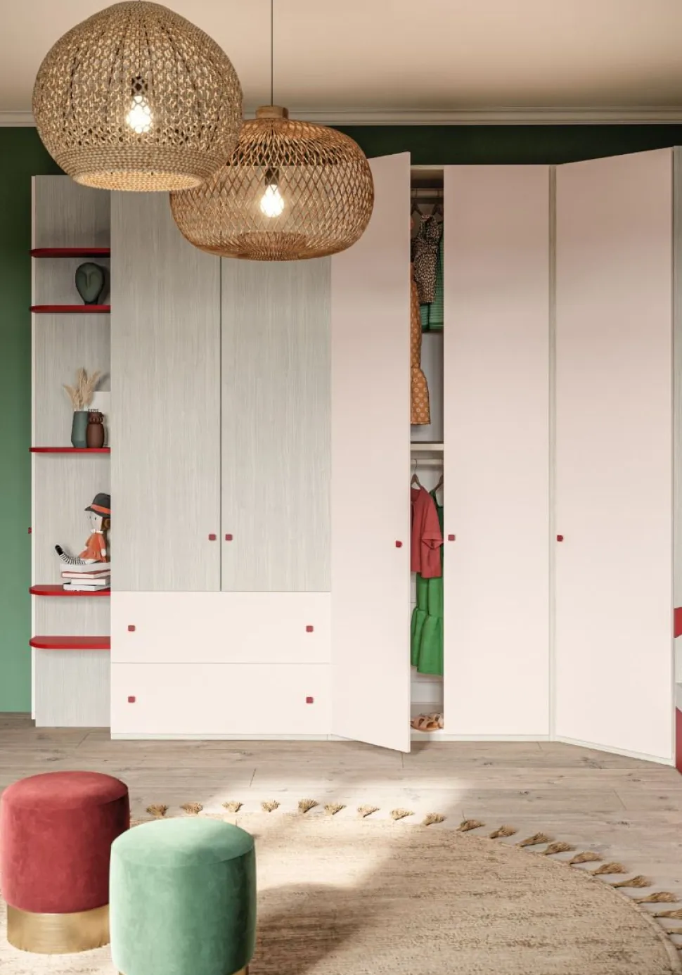 Cameretta completa singola Stely linea Colorfull finitura Cenere Wood , Pompeiano e Princess