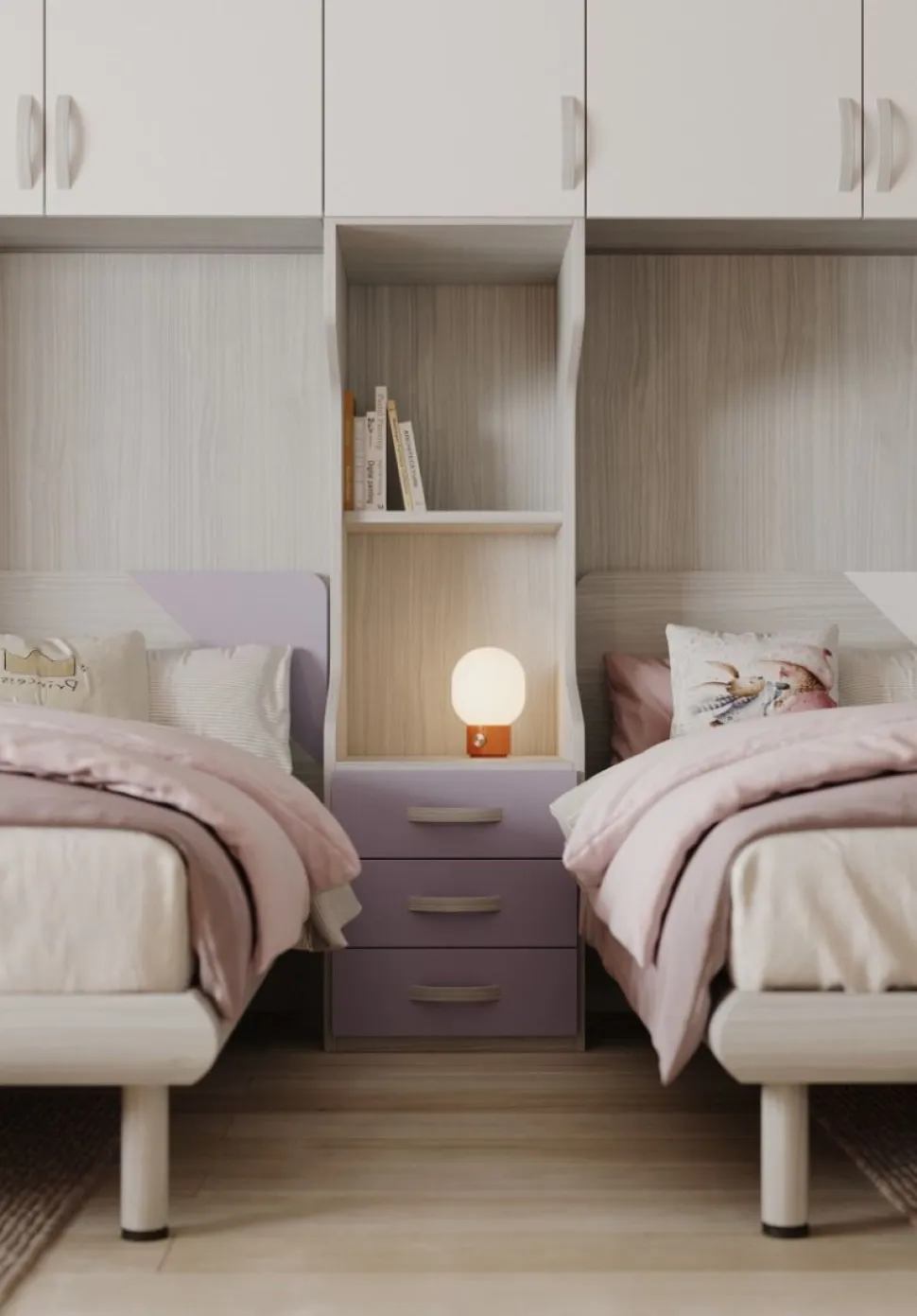 Cameretta David linea Fly finitura Cenere Wood, Bianco e Malva