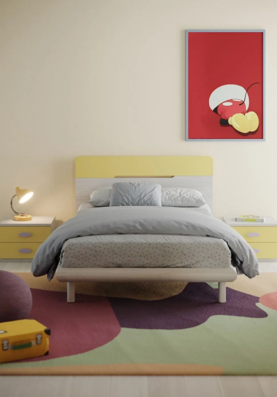 Cameretta Kari linea Fly finitura Cenere Wood, Giallo e Malva