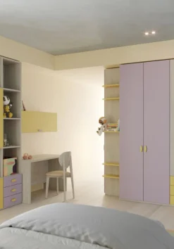 Cameretta Kari linea Fly finitura Cenere Wood, Giallo e Malva