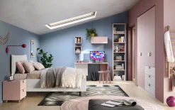 Cameretta moderna completa con armadio ante battenti Bianco opaco e Rosa