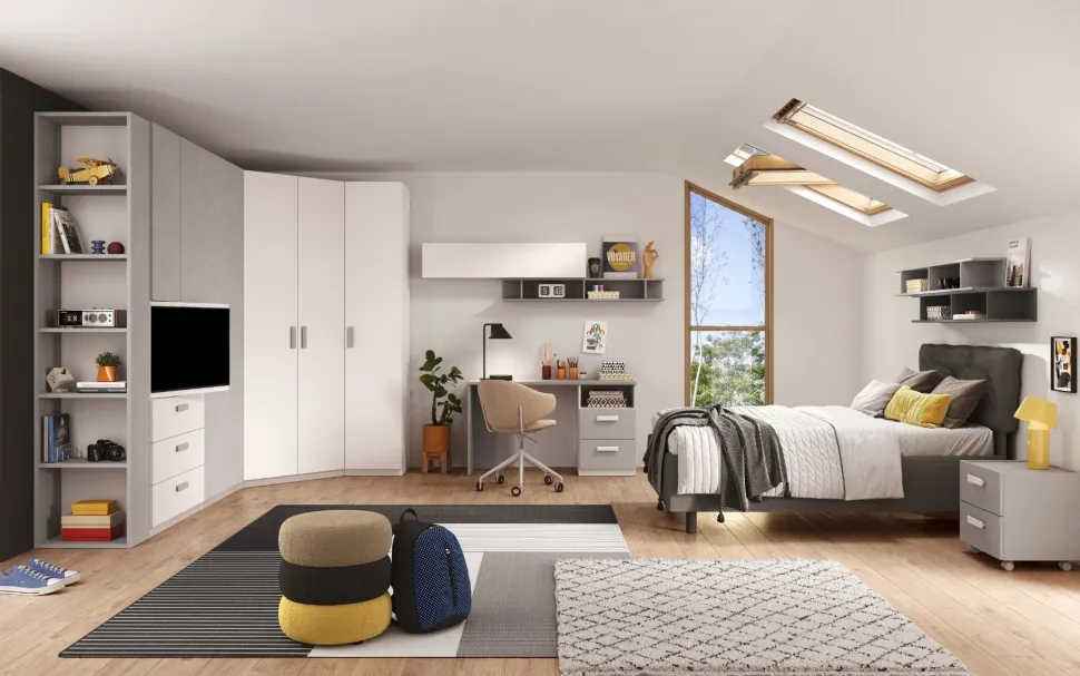 Cameretta modulare Smart Loft Grigio Gesso e Bianco Opaco con Zona Studio