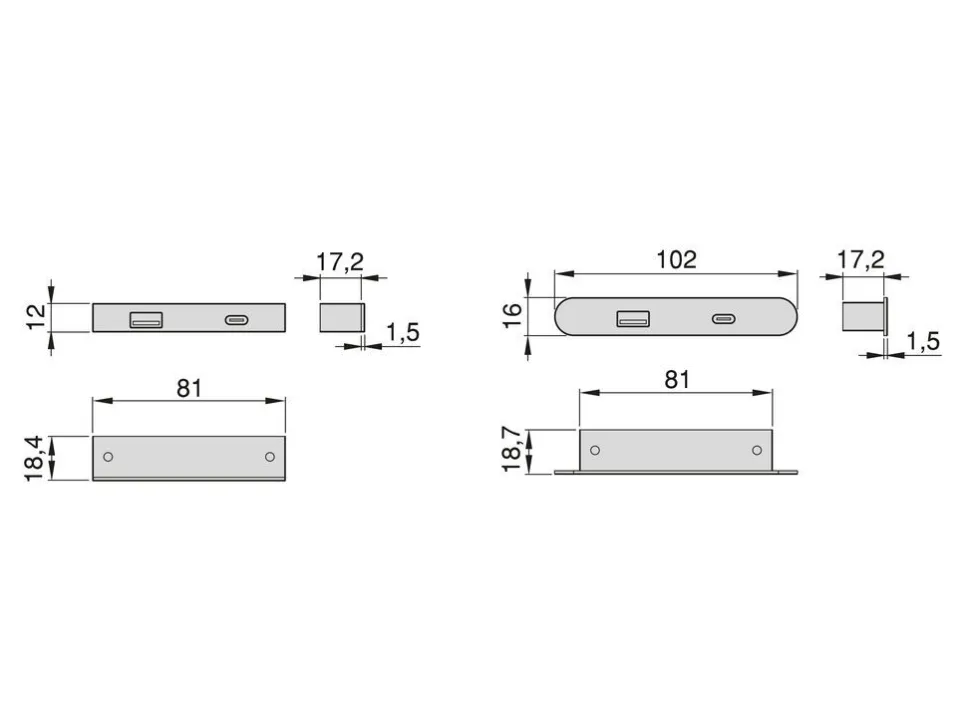 Caricatore USB per montaggio a incasso o in superficie ricarica di Lynx 81x12 mm
