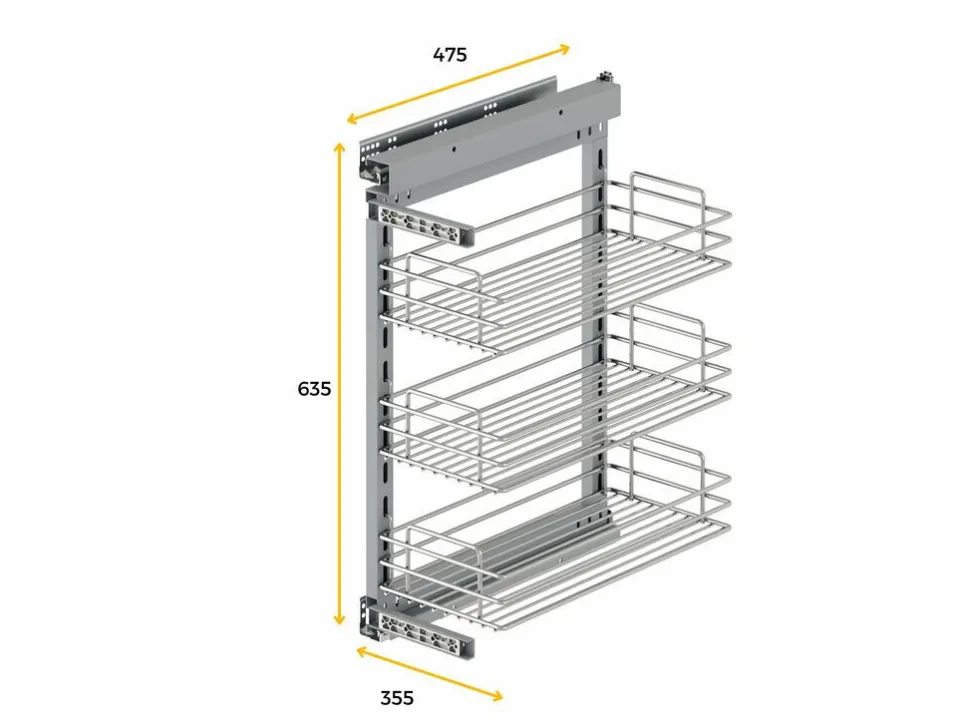 Carrello estraibile in acciaio per moduli cucina con chiusura soft
