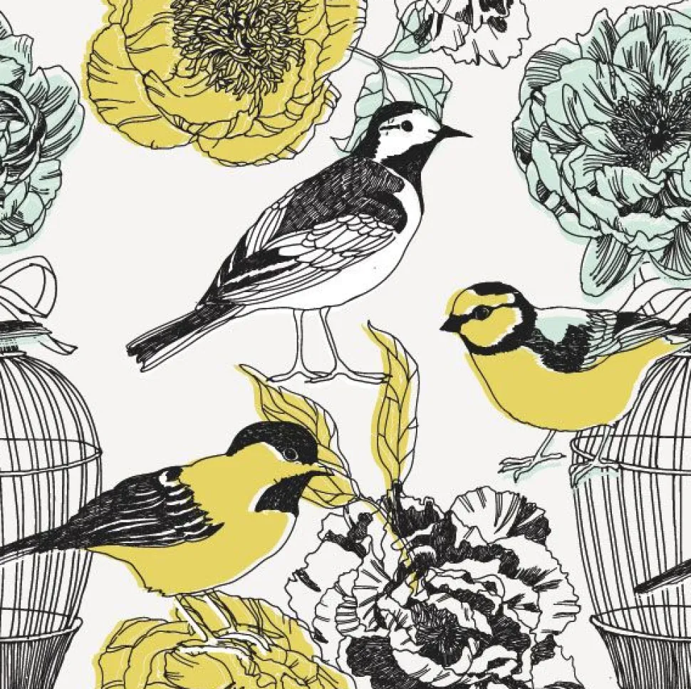 Carta da parati personalizzata floreale con uccelli illustrati