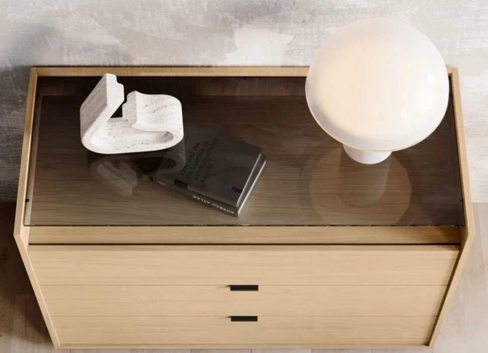 Cassettiera con top in vetro Fumè 3 cassetti retrofinita Moira disponibile in vari colori